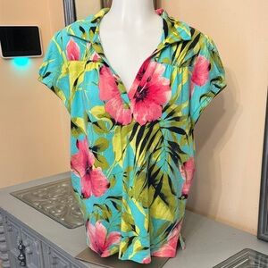 Caribbean Joe Large Tropical Floral Blouse Pink, Green, Blue